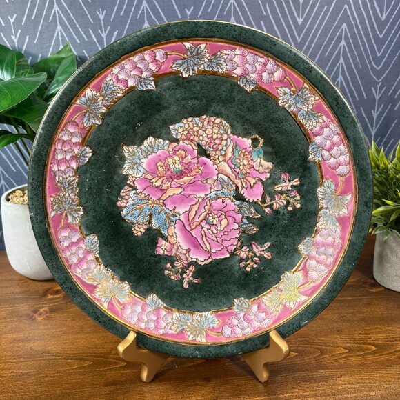 Vintage Famille Rose Style Plate Pink Peony & Grape Floral Charger for Wall - Picture 1 of 11